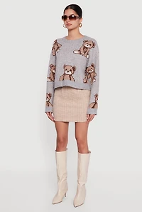 Brushed Knit Teddy Bear Print Long Sleeve Crew Neck Sweater