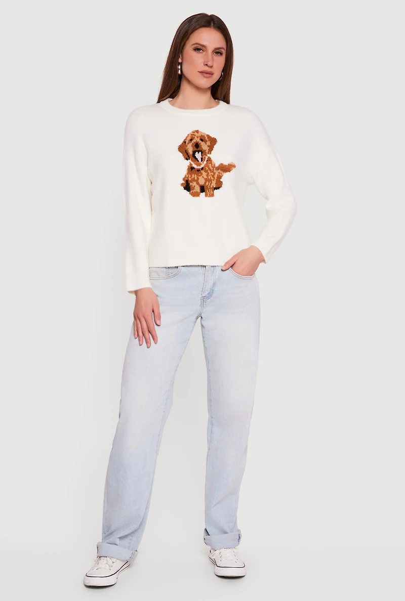 Dog Graphic Long Sleeve Crew Neck Pullover Sweater