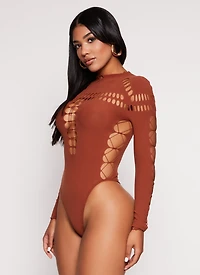 Womens Laser Cut Seamless Bodysuit, Brown