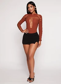 Womens Laser Cut Seamless Bodysuit, Brown