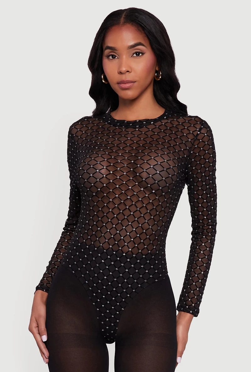 Glitter Patterned Velvet Burnout Mesh Bodysuit