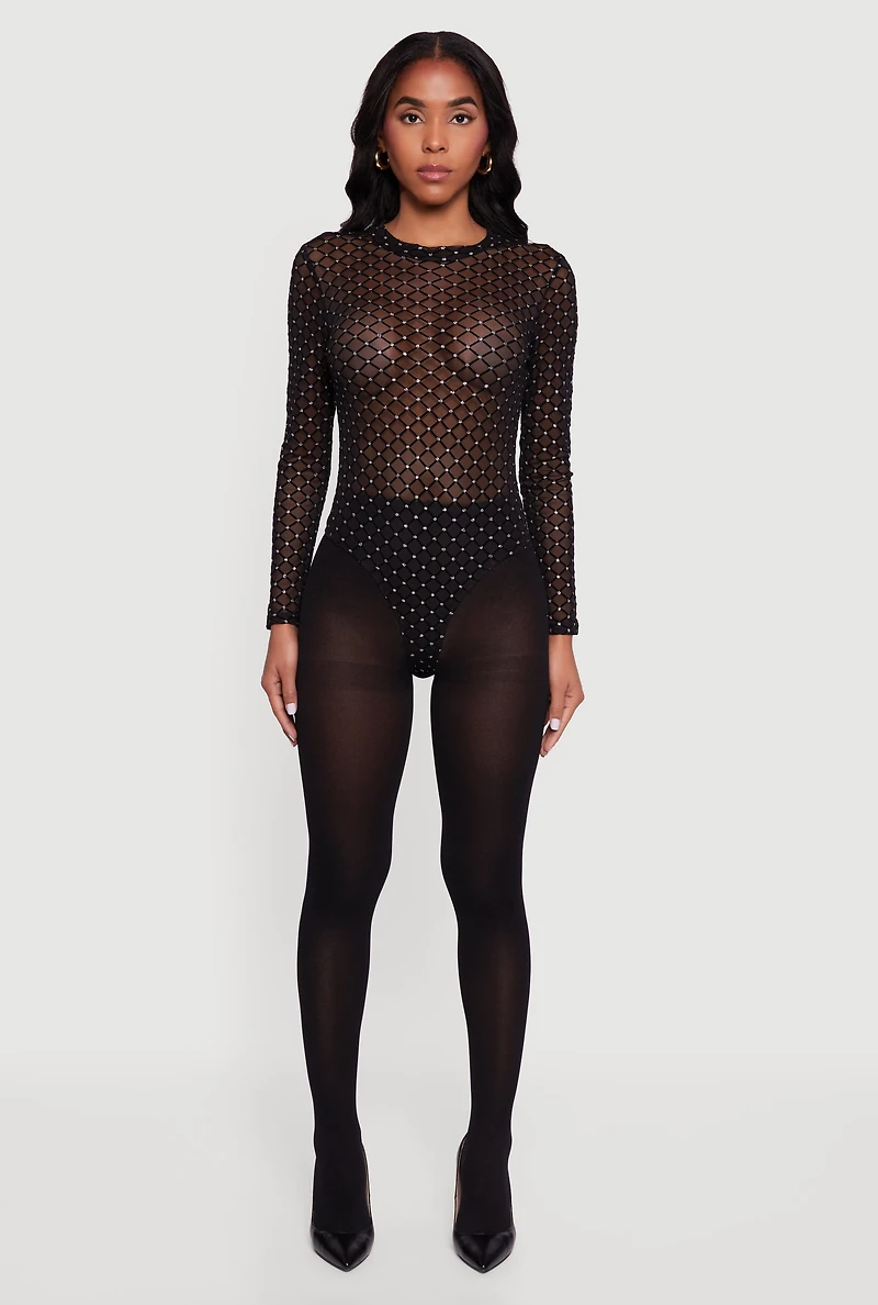 Glitter Patterned Velvet Burnout Mesh Bodysuit