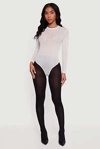 Womens Glitter Patterned Velvet Burnout Mesh Bodysuit, White, Size XL