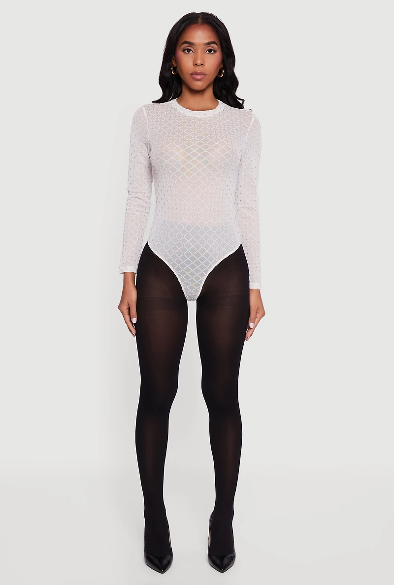 Womens Glitter Patterned Velvet Burnout Mesh Bodysuit, White, Size XL