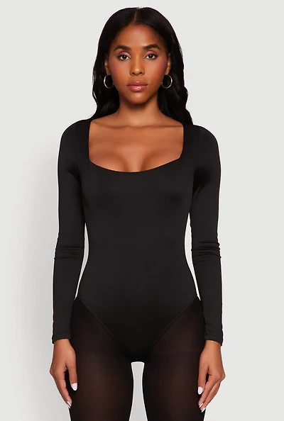 Womens Scoop Neck Long Sleeve Bodysuit, Black, Size XL