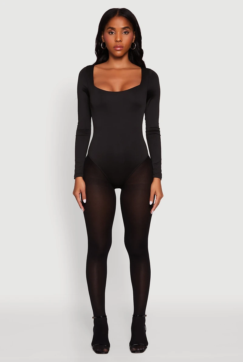 Womens Scoop Neck Long Sleeve Bodysuit, Black, Size XL