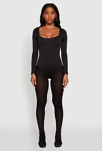Womens Scoop Neck Long Sleeve Bodysuit, Black, Size L