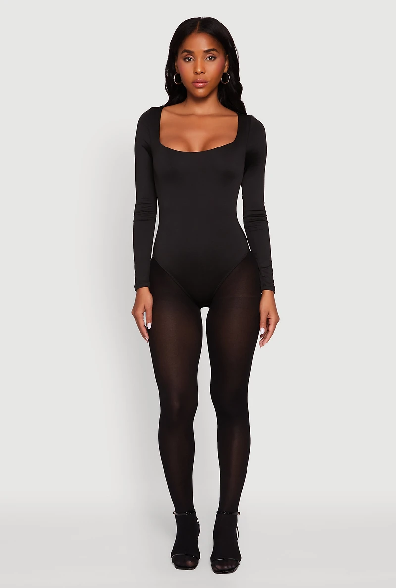 Womens Scoop Neck Long Sleeve Bodysuit, Black, Size L