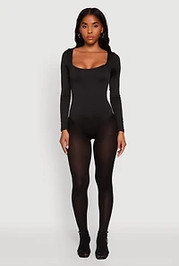 Womens Scoop Neck Long Sleeve Bodysuit, Black, Size L