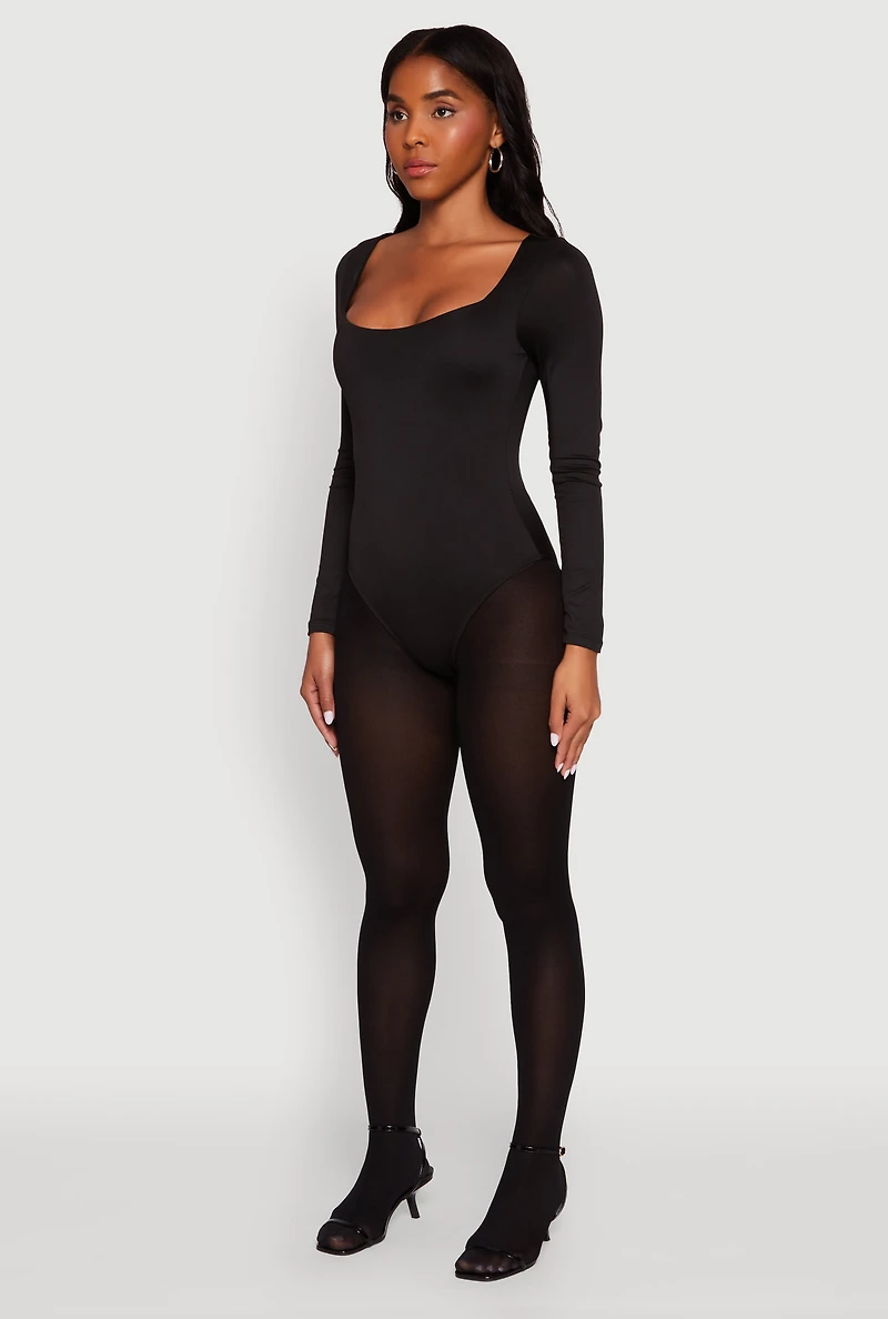 Womens Scoop Neck Long Sleeve Bodysuit, Black, Size XL