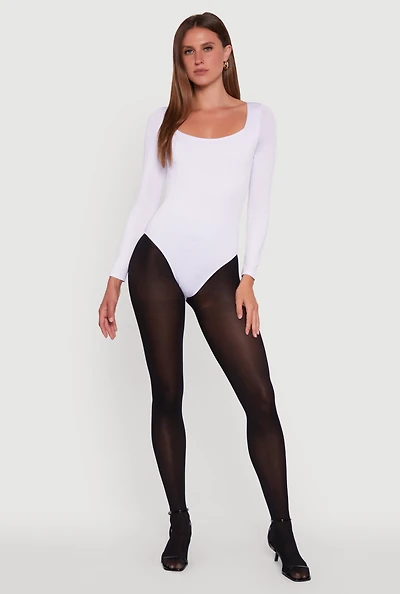 Womens Scoop Neck Long Sleeve Bodysuit, White,