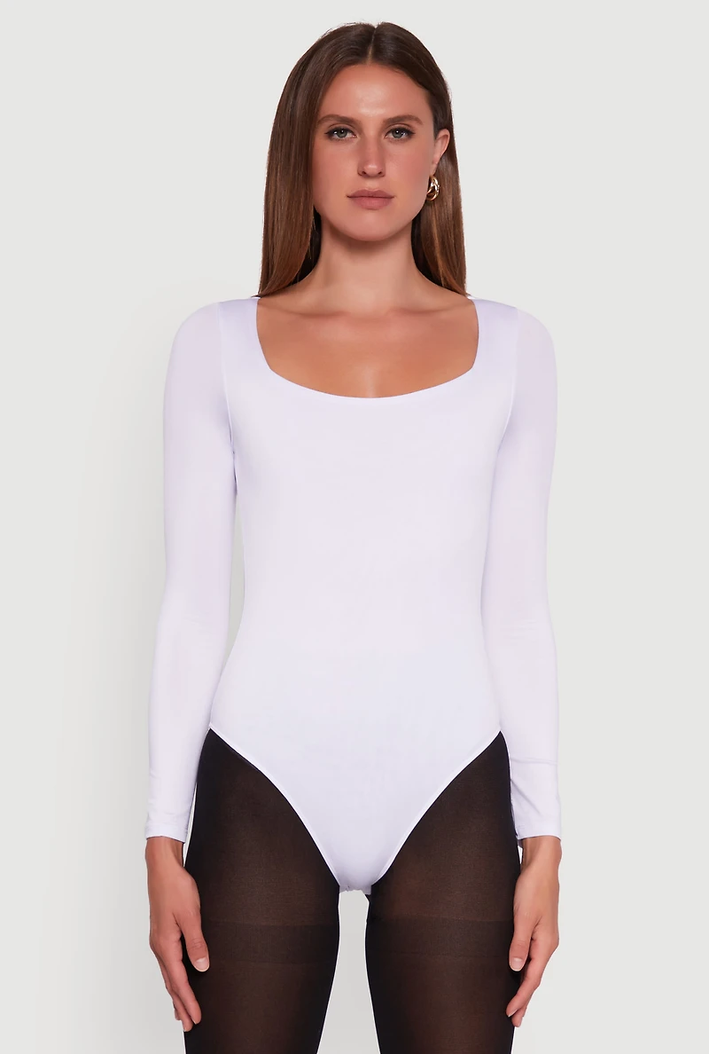 Womens Scoop Neck Long Sleeve Bodysuit, White,