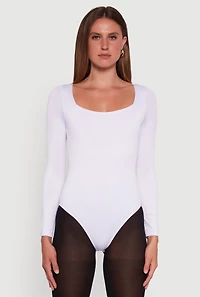 Womens Scoop Neck Long Sleeve Bodysuit, White,