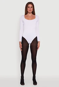 Womens Scoop Neck Long Sleeve Bodysuit, White,