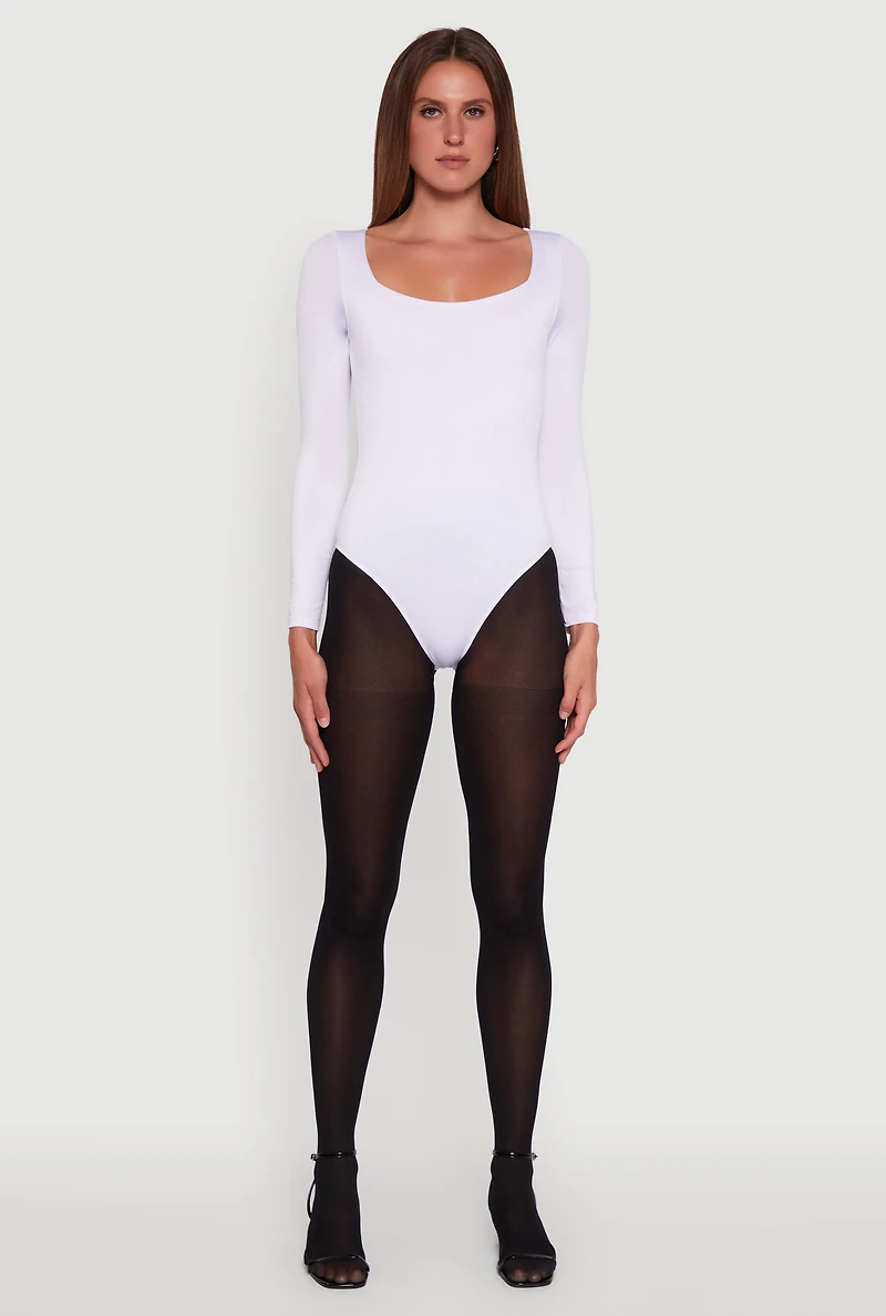 Womens Scoop Neck Long Sleeve Bodysuit, White, Size M