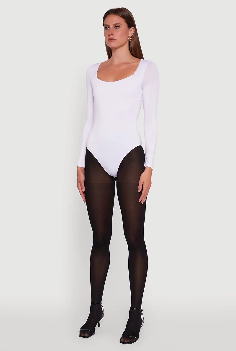Womens Scoop Neck Long Sleeve Bodysuit, White,