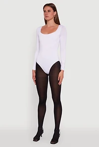 Womens Scoop Neck Long Sleeve Bodysuit, White,