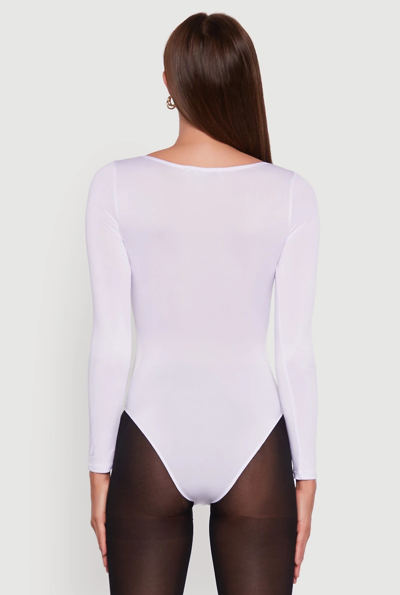 Womens Scoop Neck Long Sleeve Bodysuit, White,