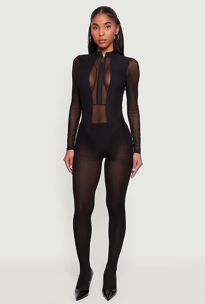 Mesh Long Sleeve Mock Neck Zip Front Bodysuit