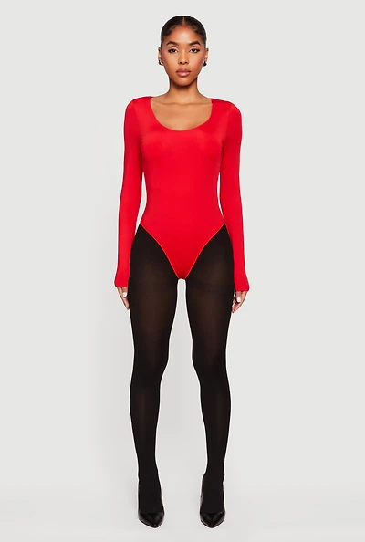 Womens Solid Long Sleeve Scoop Neck Bodysuit,