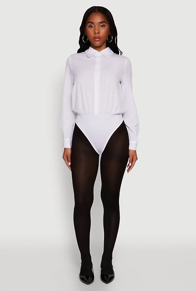 Womens Daisy Collared Button Front Thong Bodysuit, White,
