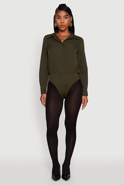 Womens Daisy Collared Button Front Thong Bodysuit,