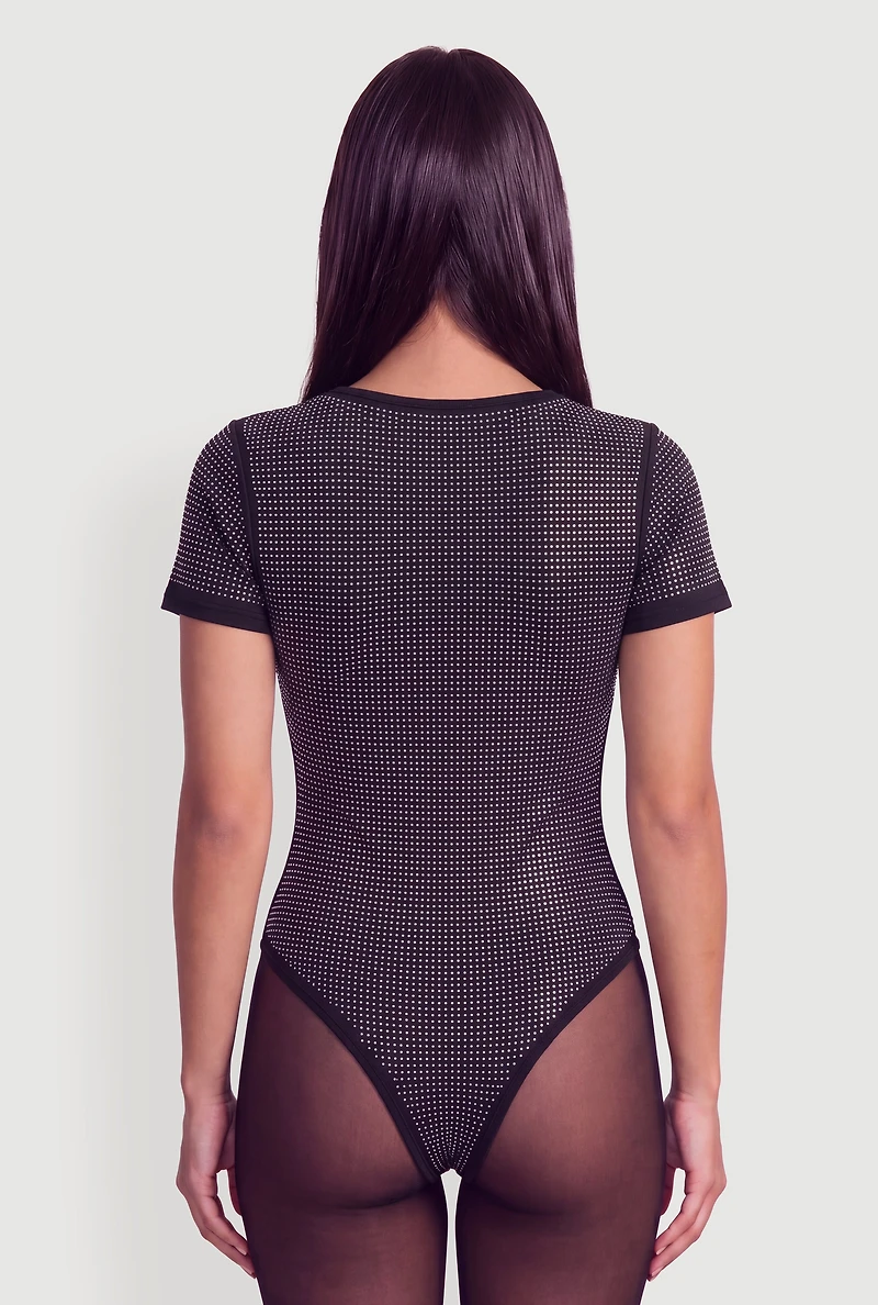 Rhinestone Scoop Neck Short Sleeve Bodysuit