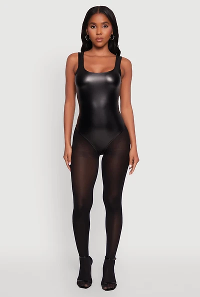 Womens Faux Leather Sleeveless Scoop Neck Bodysuit, Black, Size L