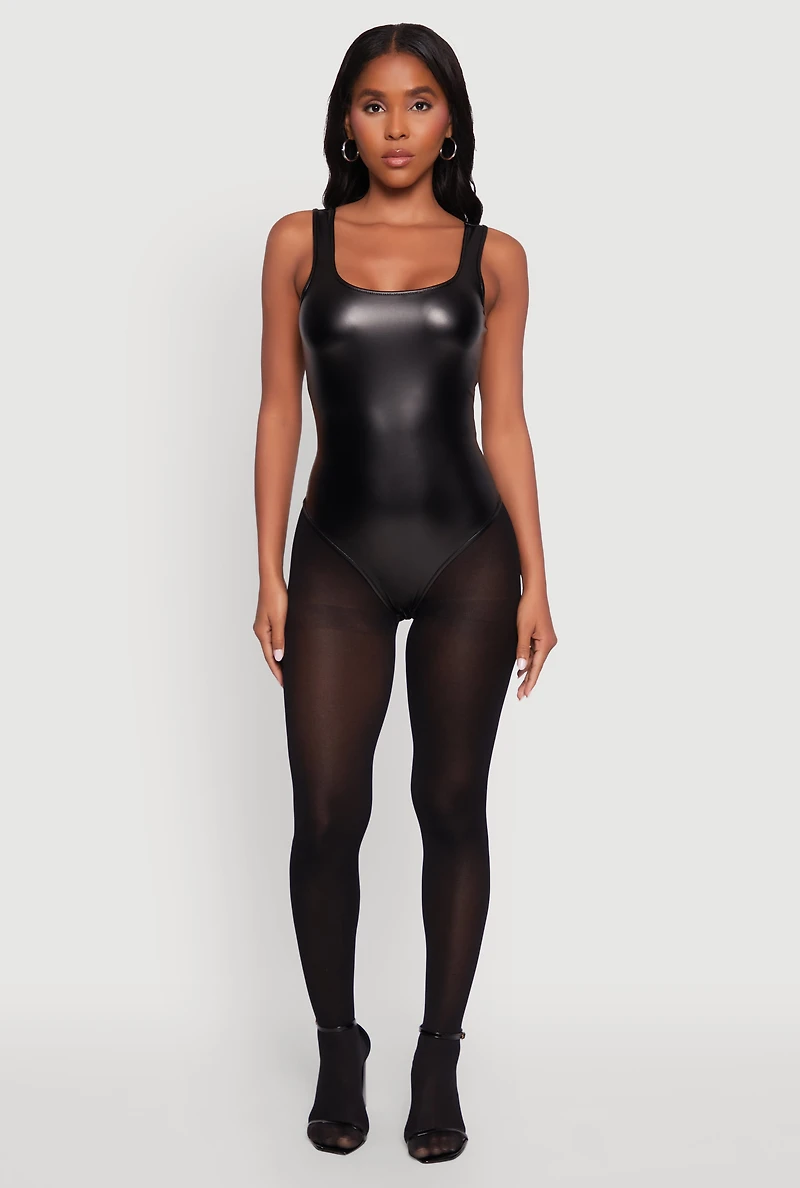 Womens Faux Leather Sleeveless Scoop Neck Bodysuit, Black, Size M