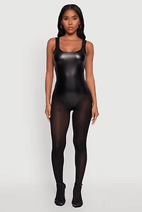 Womens Faux Leather Sleeveless Scoop Neck Bodysuit, Black, Size M