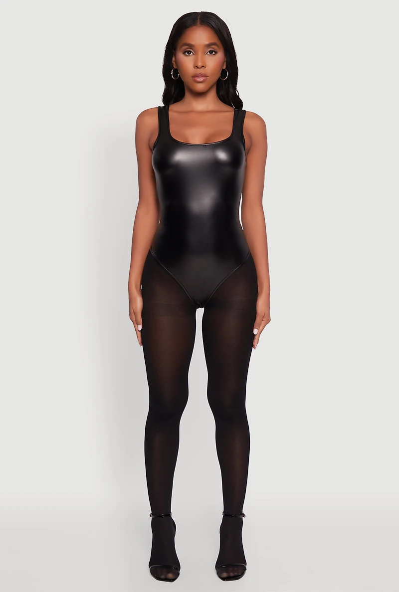 Womens Faux Leather Sleeveless Scoop Neck Bodysuit, Black, Size M