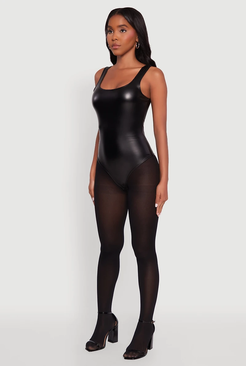 Womens Faux Leather Sleeveless Scoop Neck Bodysuit, Black, Size M
