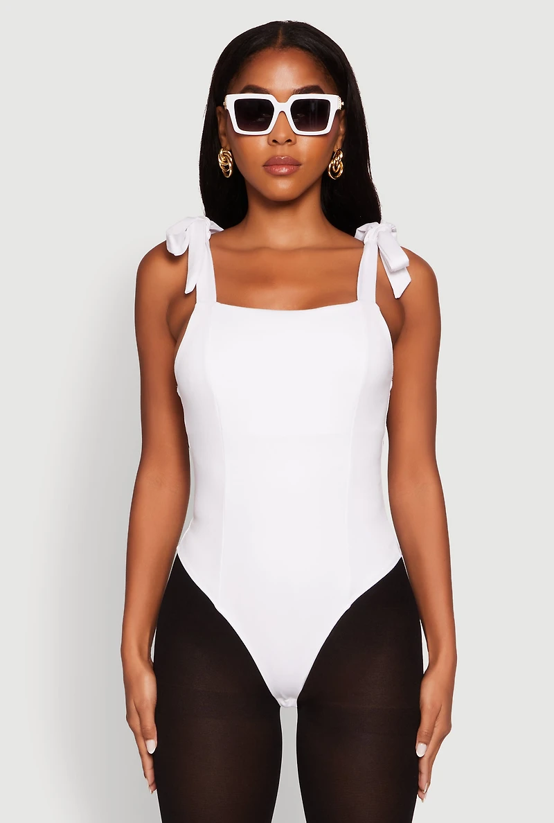 Womens Iris Pintuck Bow Strap Bodysuit, White, Size M