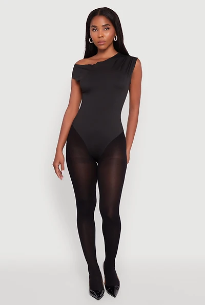 Womens Trendy Asymmetrical Shoulder Ruched Bodysuit,