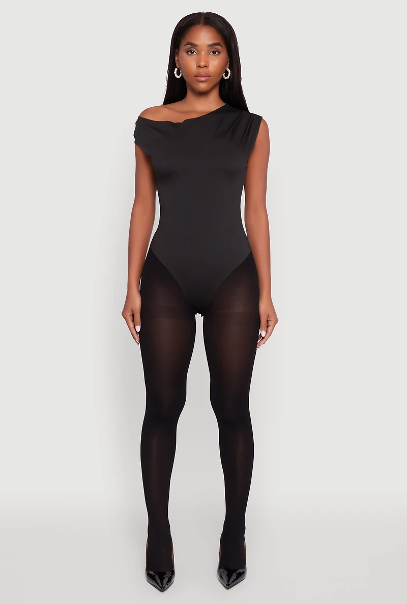Womens Trendy Asymmetrical Shoulder Ruched Bodysuit, Black, Size M