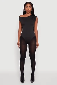 Womens Trendy Asymmetrical Shoulder Ruched Bodysuit, Black, Size M