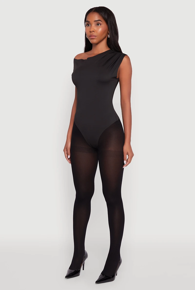 Womens Trendy Asymmetrical Shoulder Ruched Bodysuit, Black, Size M