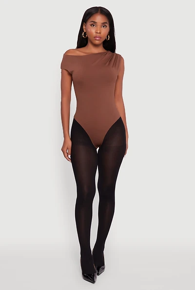 Womens Trendy Asymmetrical Shoulder Ruched Bodysuit,