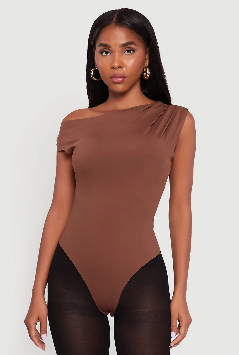 Womens Trendy Asymmetrical Shoulder Ruched Bodysuit,