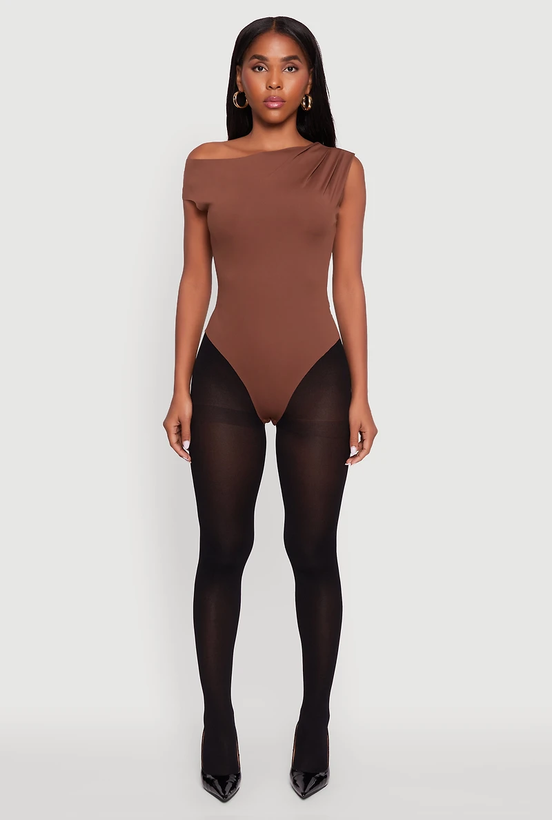 Womens Trendy Asymmetrical Shoulder Ruched Bodysuit,