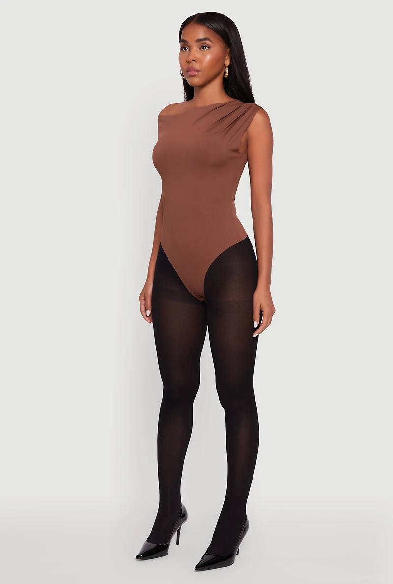 Womens Trendy Asymmetrical Shoulder Ruched Bodysuit,