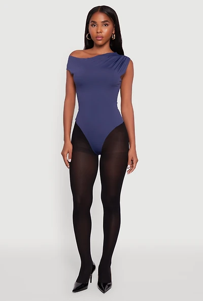 Womens Trendy Asymmetrical Shoulder Ruched Bodysuit, Blue, Size L