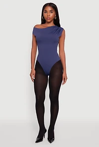 Womens Trendy Asymmetrical Shoulder Ruched Bodysuit, Blue, Size L