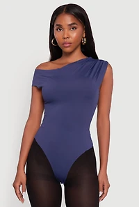 Womens Trendy Asymmetrical Shoulder Ruched Bodysuit, Blue, Size S