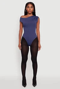 Womens Trendy Asymmetrical Shoulder Ruched Bodysuit, Blue, Size L