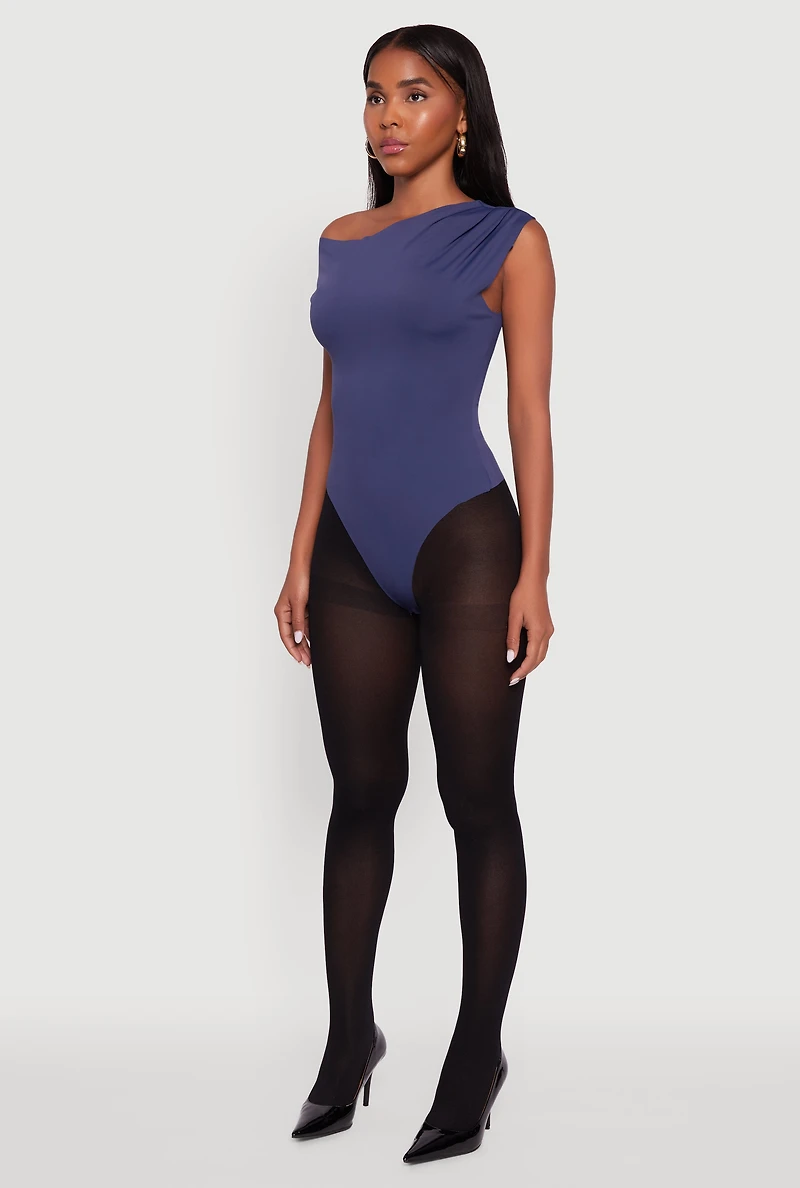 Womens Trendy Asymmetrical Shoulder Ruched Bodysuit, Blue, Size L