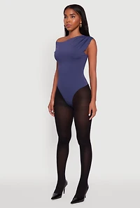 Womens Trendy Asymmetrical Shoulder Ruched Bodysuit, Blue, Size L