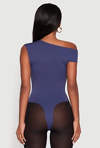 Womens Trendy Asymmetrical Shoulder Ruched Bodysuit, Blue, Size L