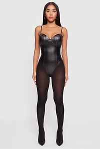 Womens Leather Look Ruched Bustier Bodysuit, Black, Size S