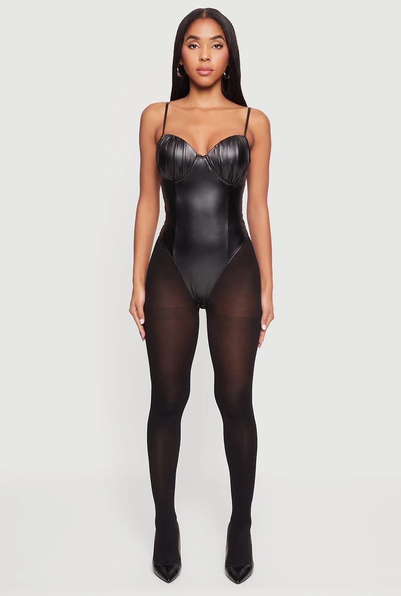Leather Look Ruched Bustier Bodysuit